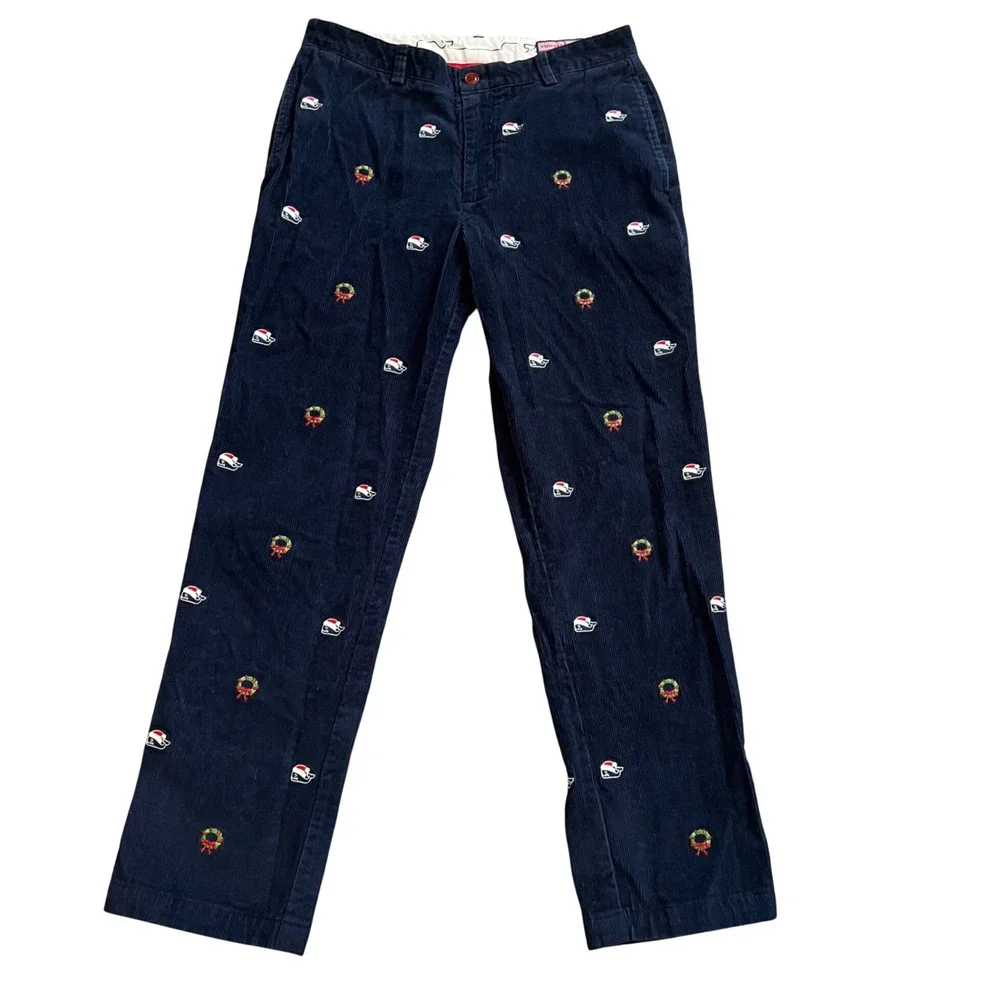 Vineyard Vines Mens 32x32 Navy Corduroy Christmas Wreath Santa Whale chino pants